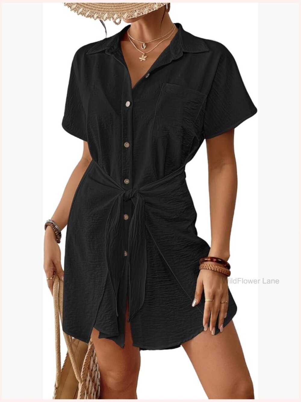 Short Sleeve Button Down Beach Cover Up Dress Tie Belt
